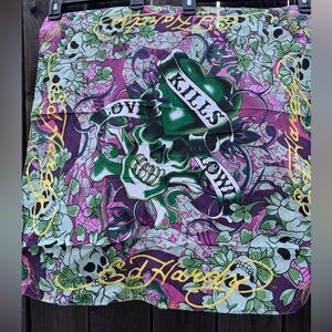 Ed Hardy Green & Purple Skull Bandana Scarf with Floral Accents